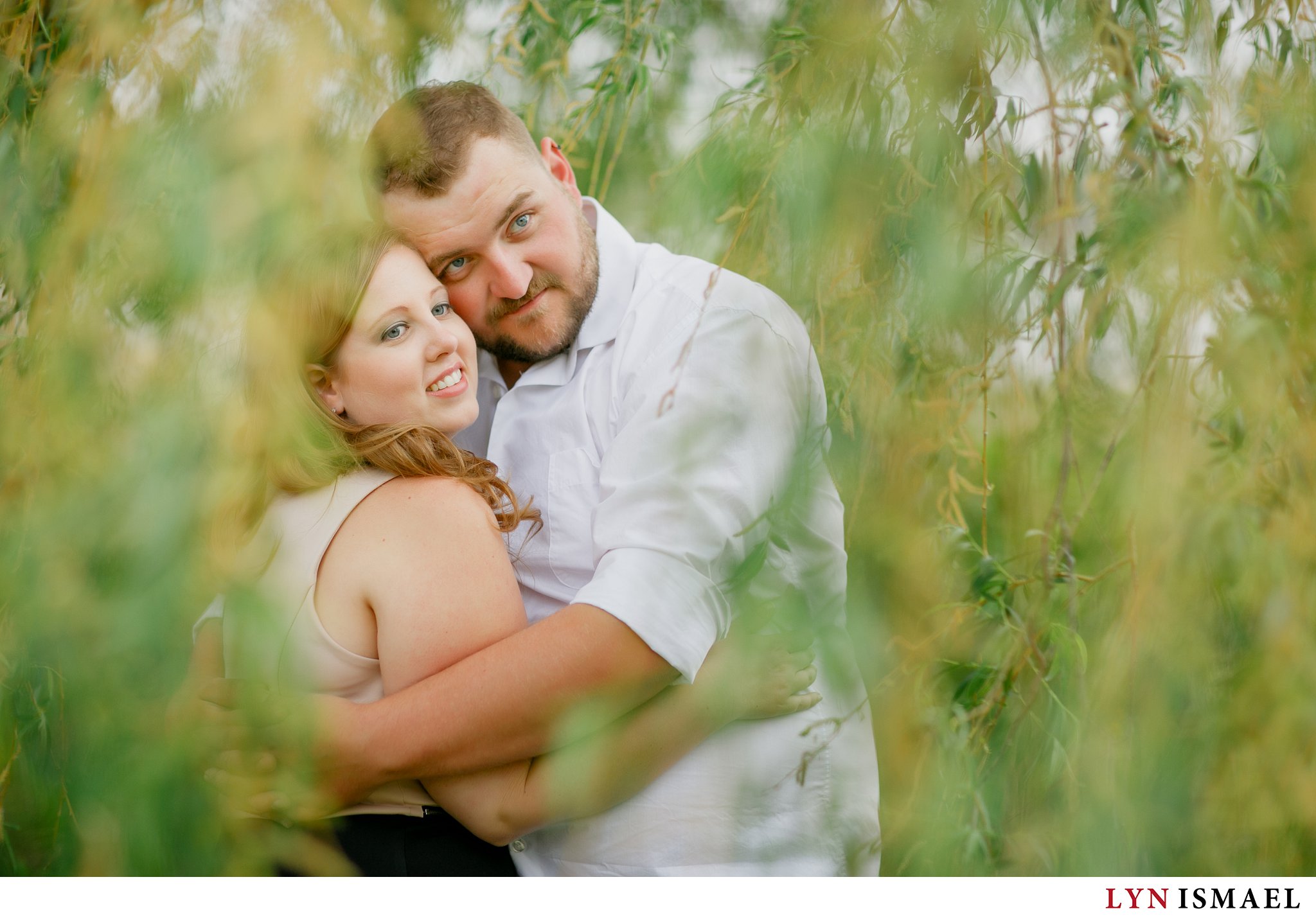 A spring engagement session in Waterloo under a weeping willow tree.