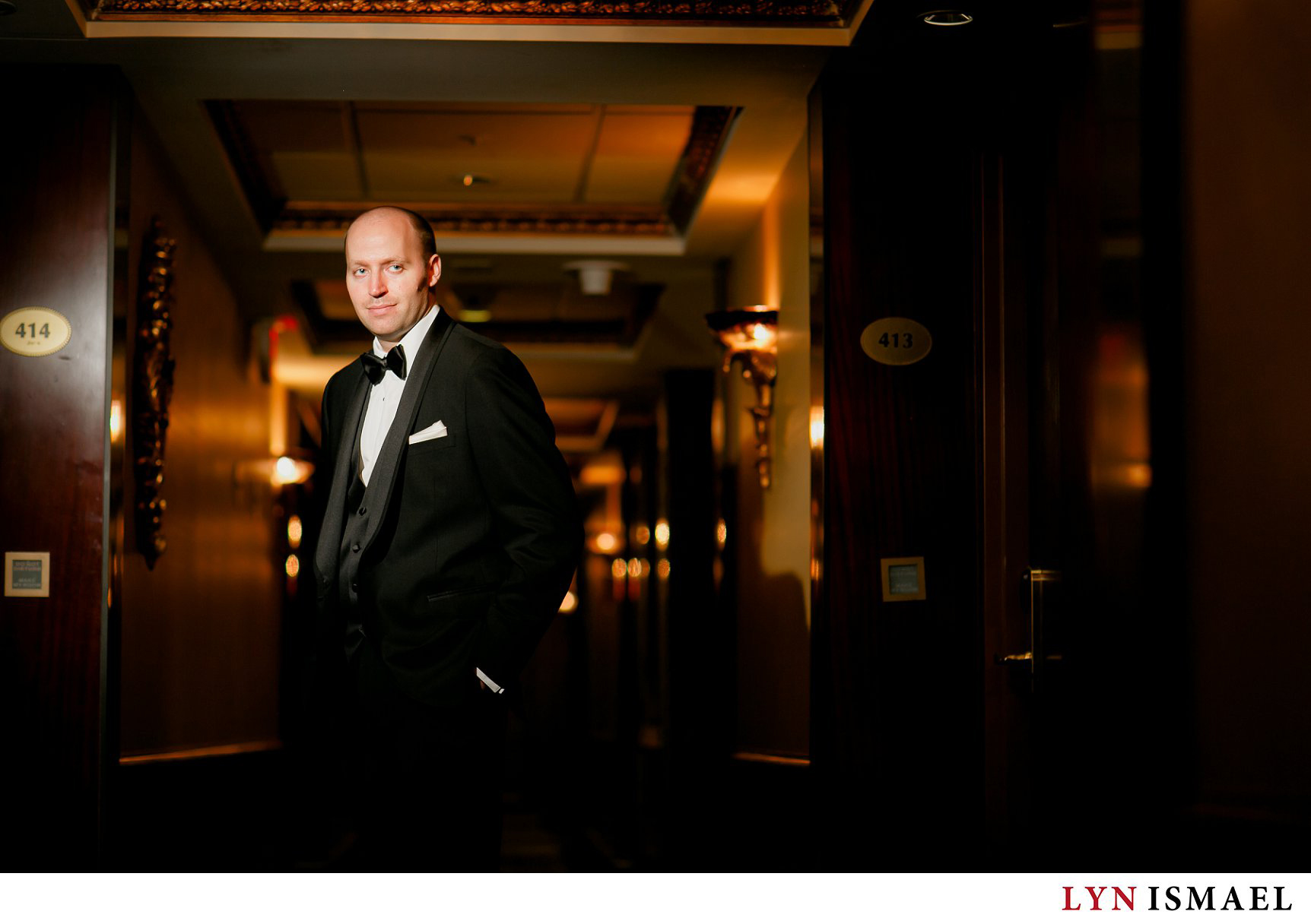 Dramatic portrait of a groom at the Radisson Plaza Hotel in Mississauga.