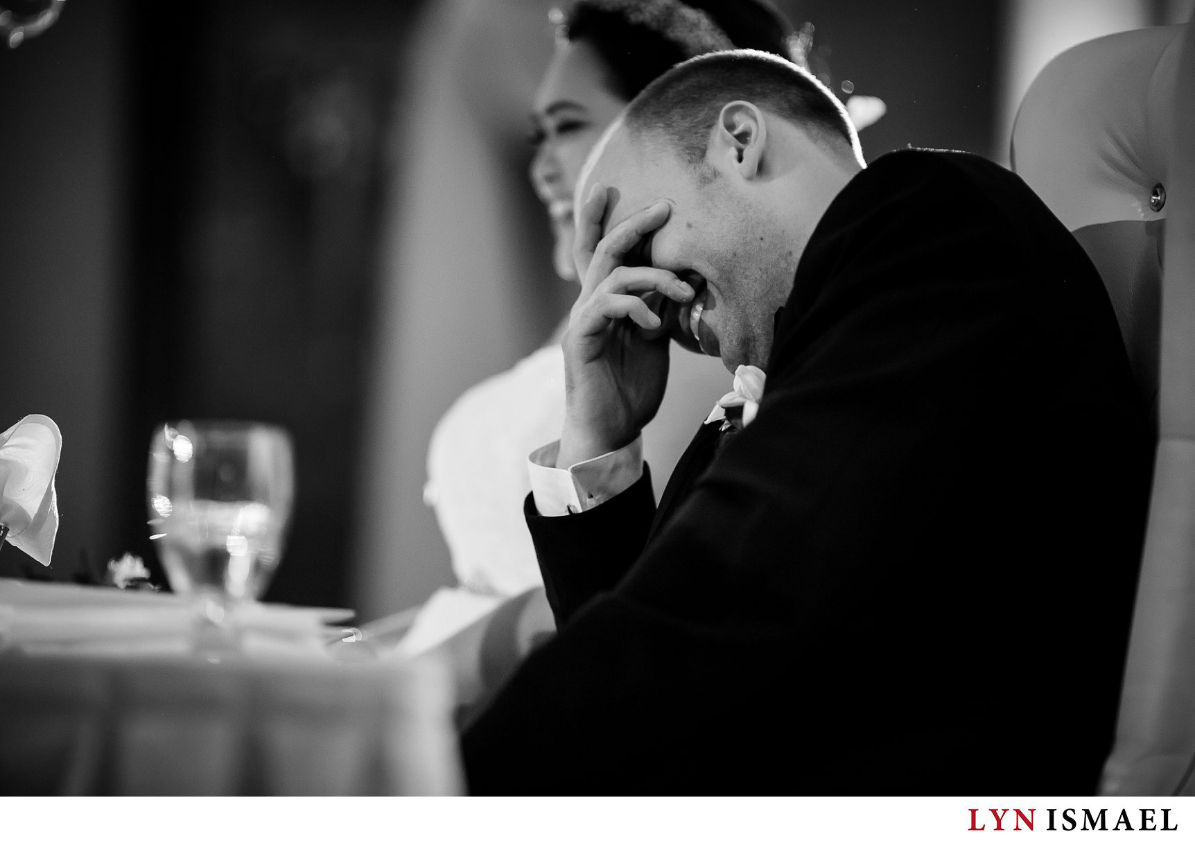 Groom reacts to his brother's speech at his wedding at the Grand Victorian Convention Centre