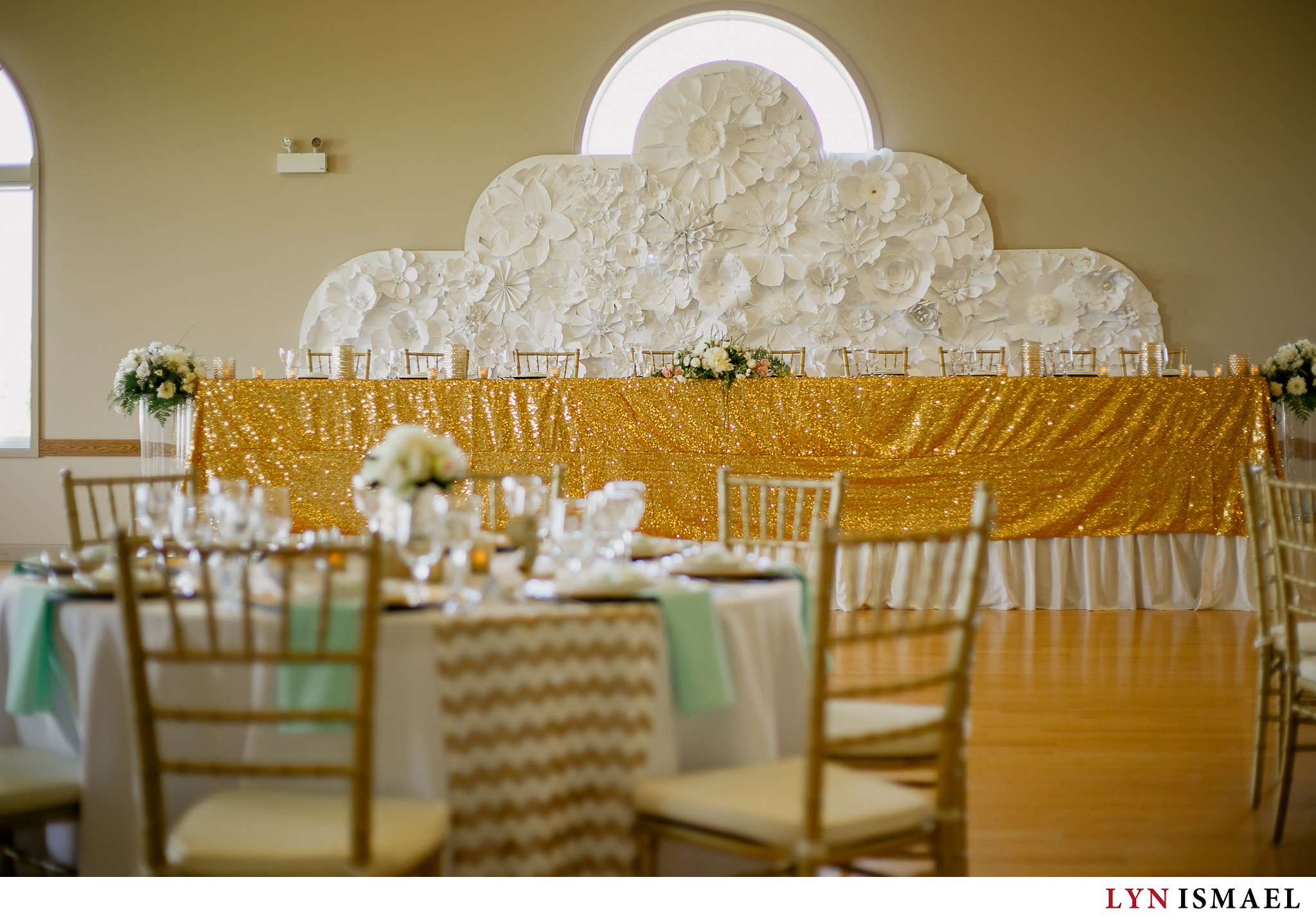Mint and gold wedding at Alma Community Centre