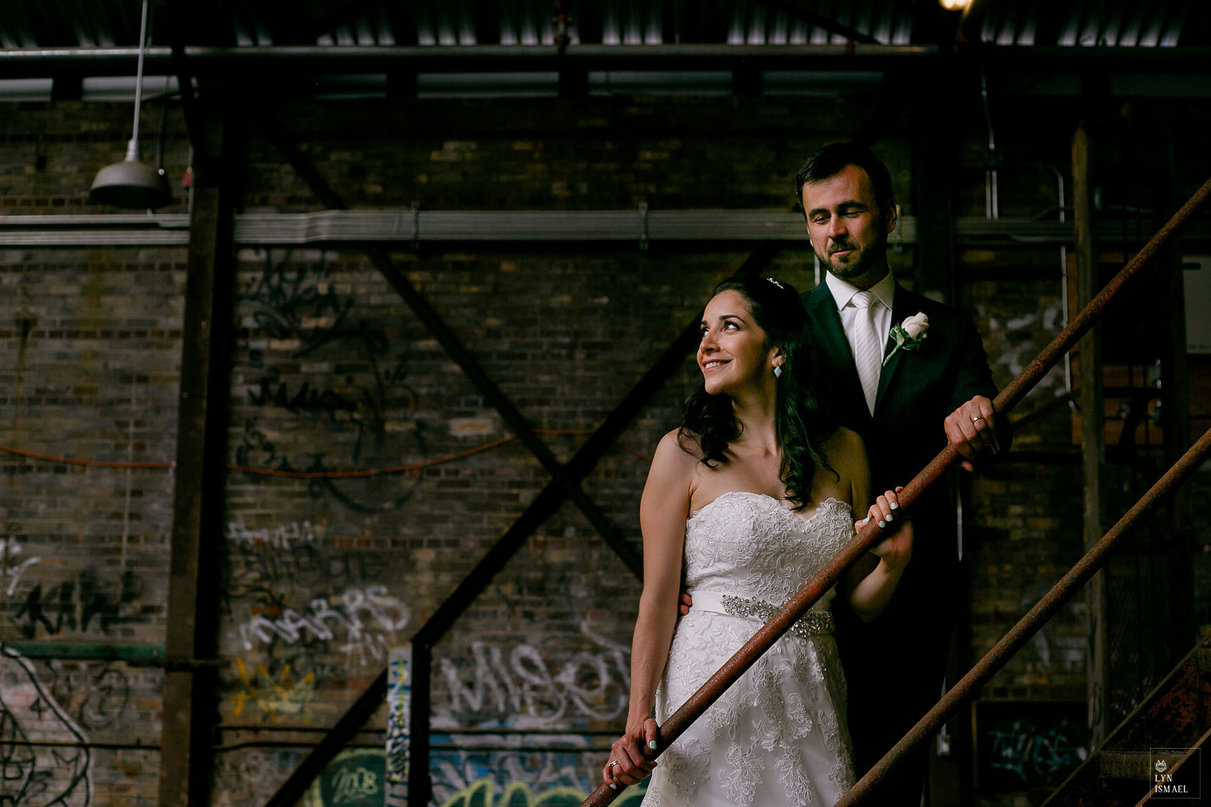 Bride and groom inside Evergreen Brick Works in Toronto