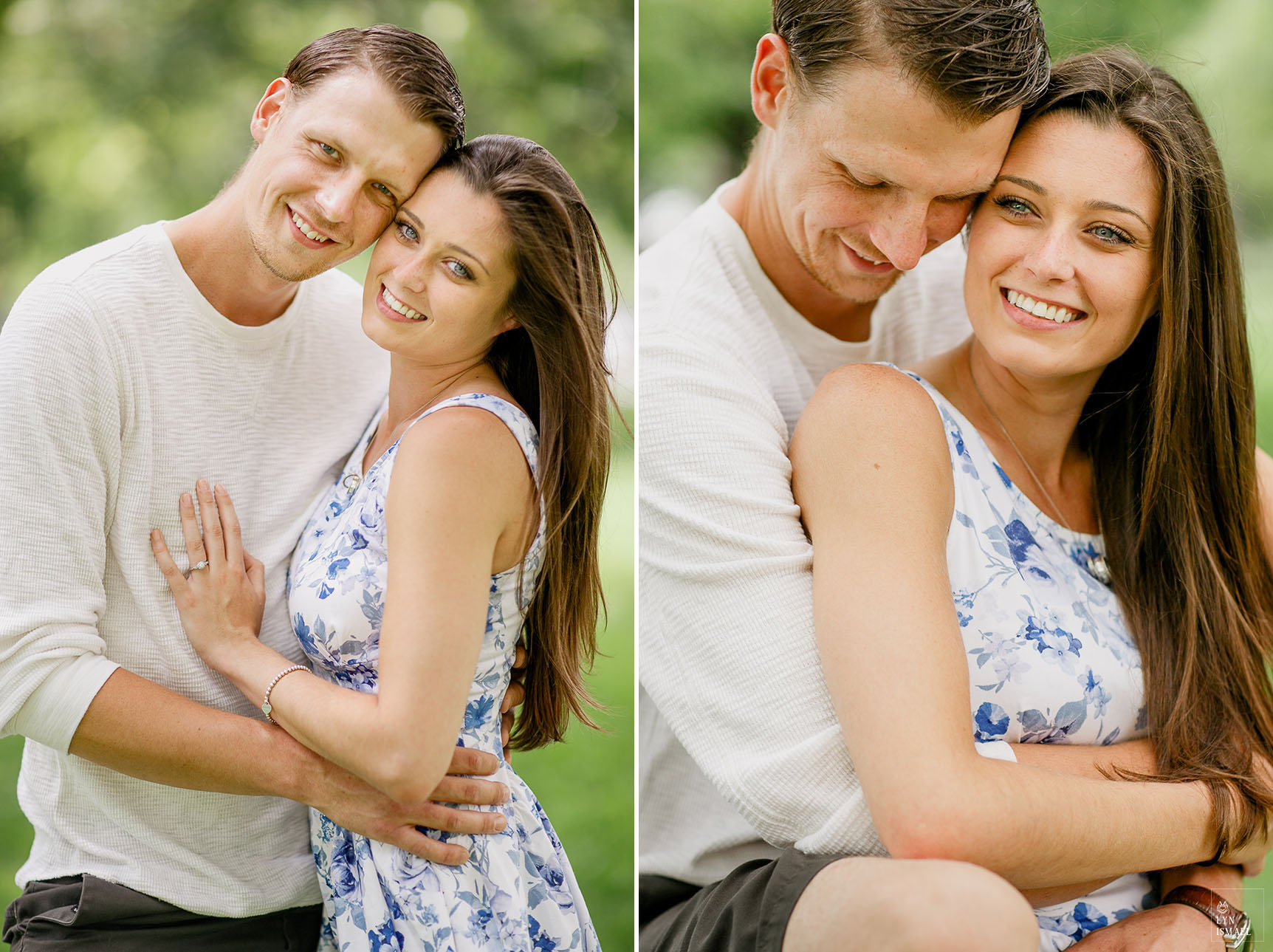 An engaged couple poses for their engagement session in Coronation Park Toronto.