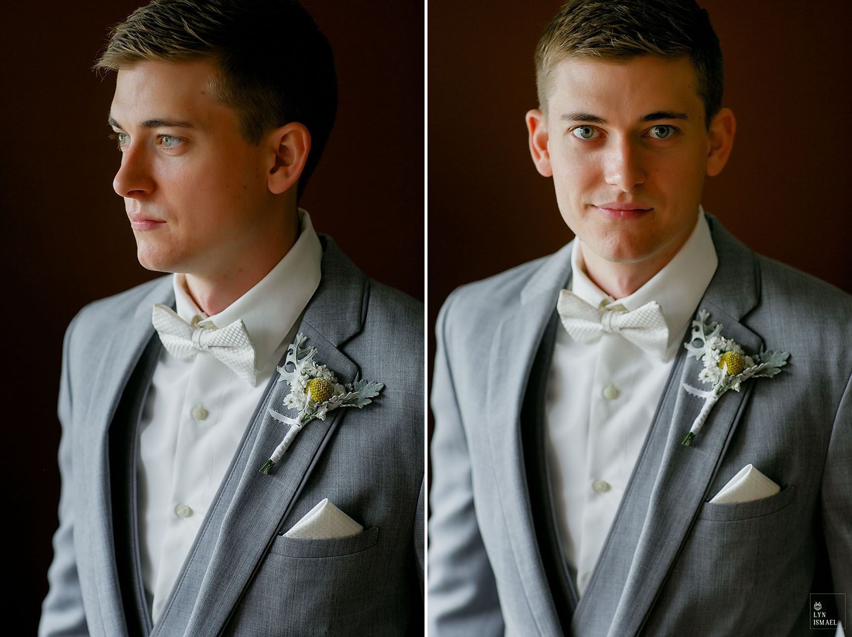Portrait of a handsome groom in grey suit photographed in Cambridge, Ontario.