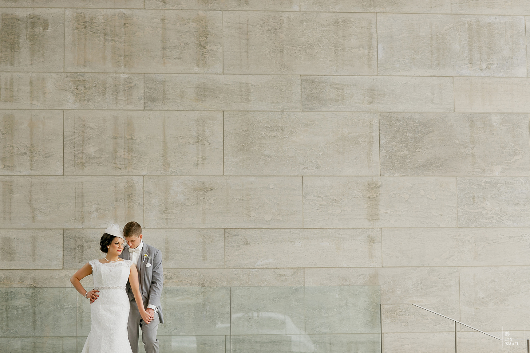 A modern portrait of the bride and groom in Uptown Waterloo