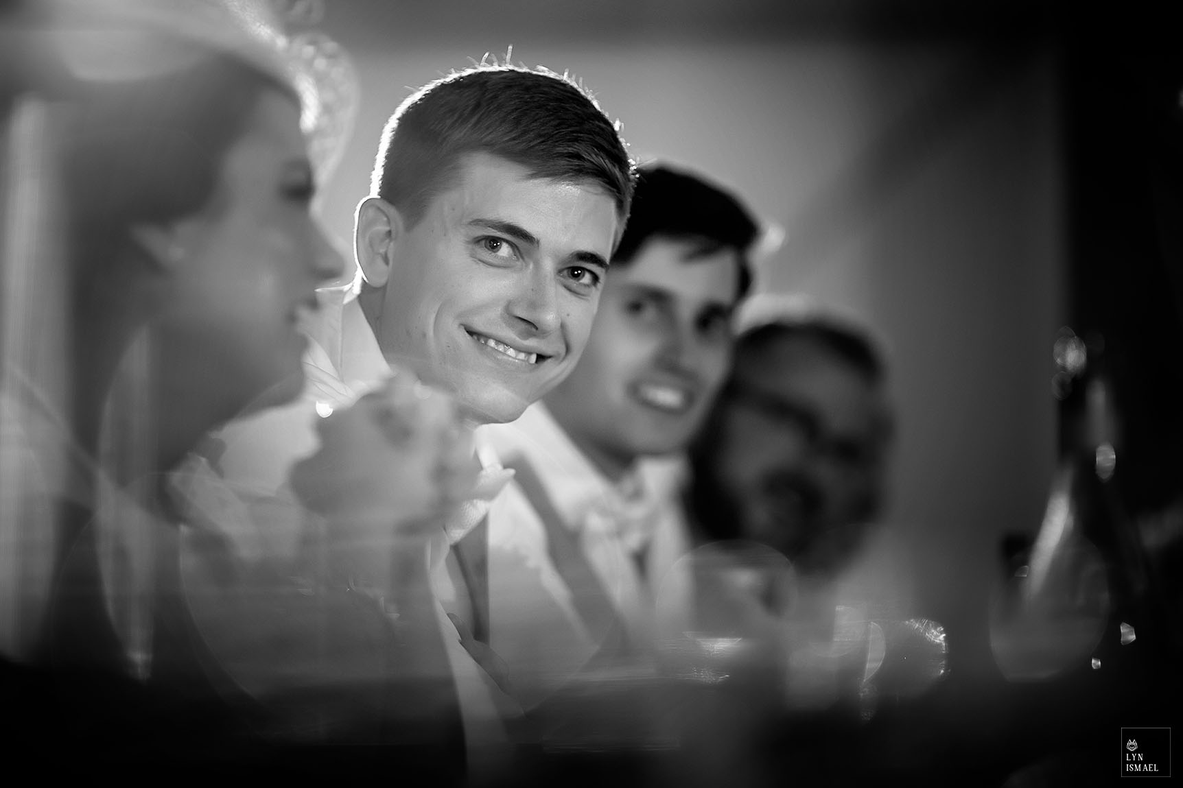 Groom reacts to his new brother-in-law's speech at his wedding reception at Grey Silo in Waterloo