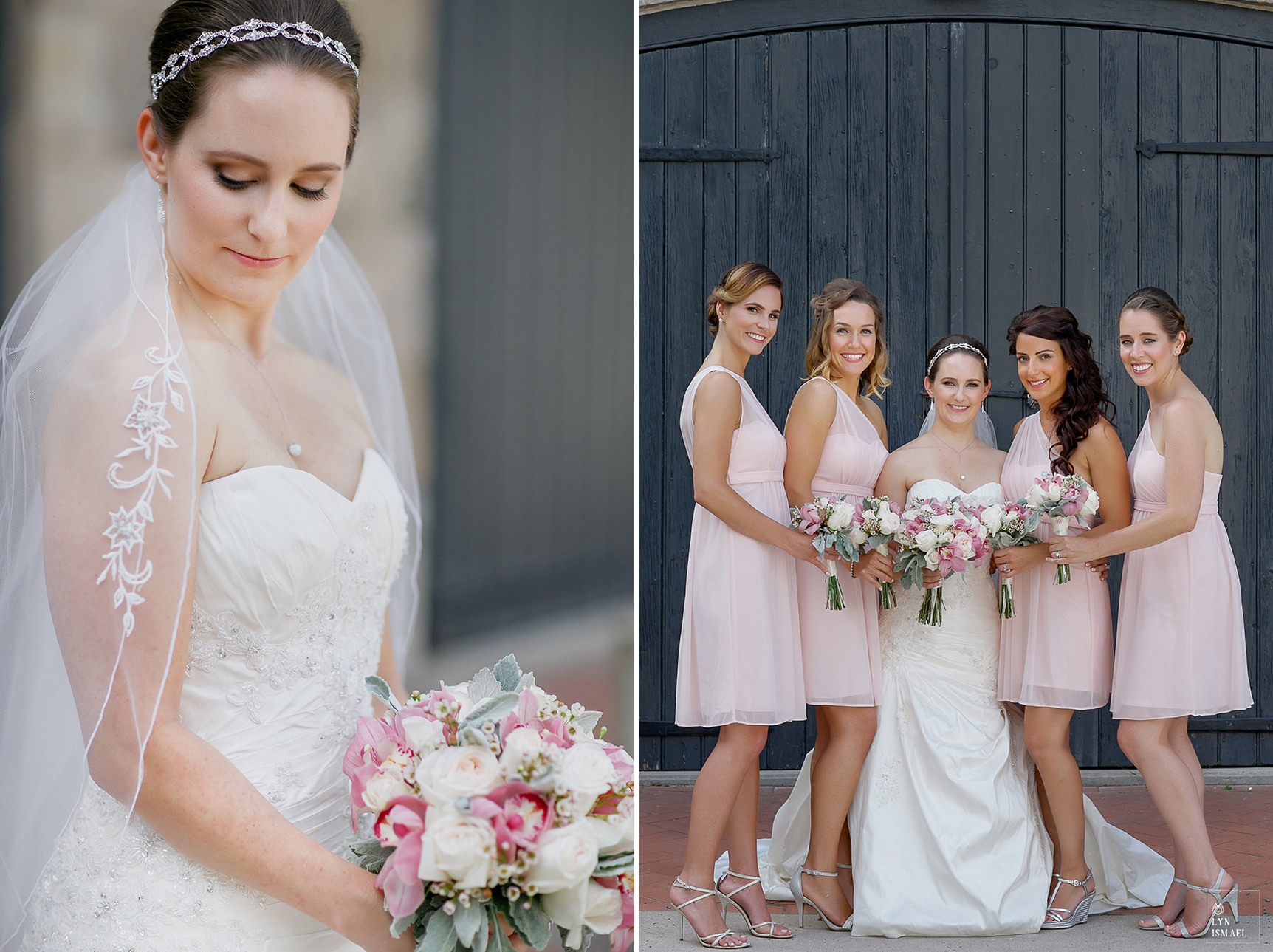 The bride and her bridesmaids in pink dresses at Dundurn Castle in Hamilton