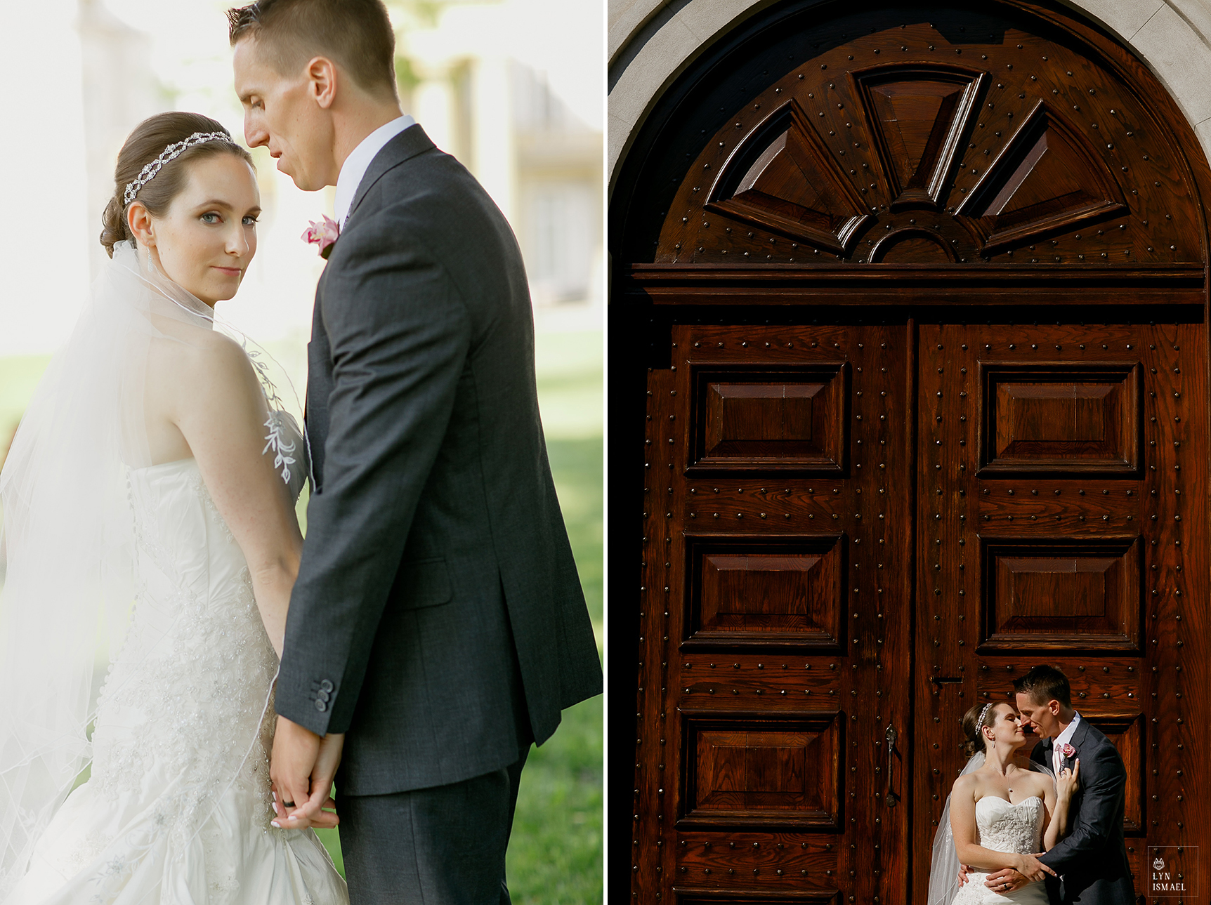Portraits of the bride and groom in front of Dundurn Castle.