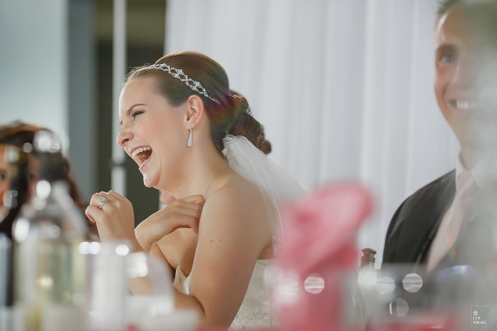 Beautiful bride reacts to her father's speech at her wedding reception at The Lakeview by Carmen's