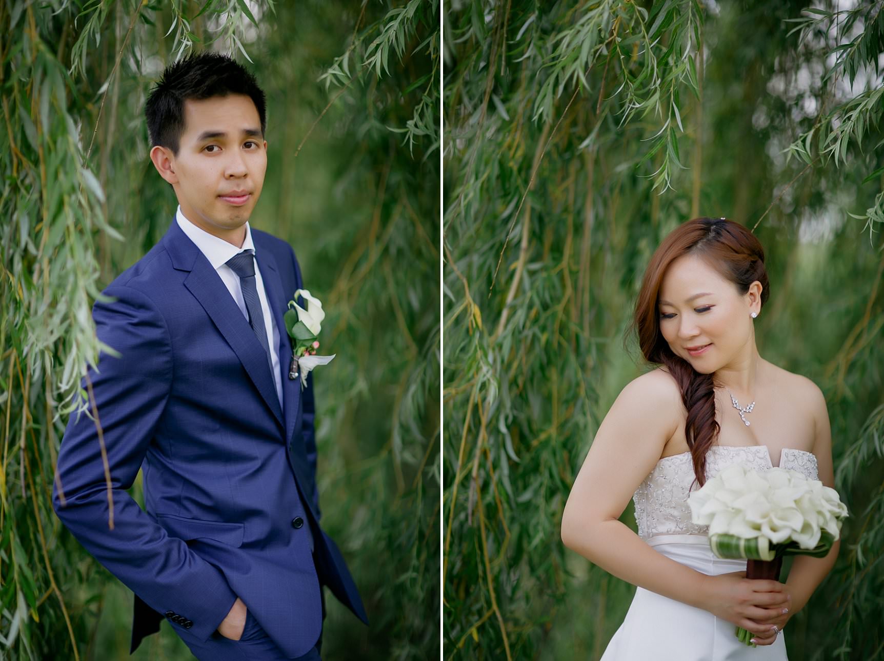 Beautiful portraits of the bride and groom under a willow tree.