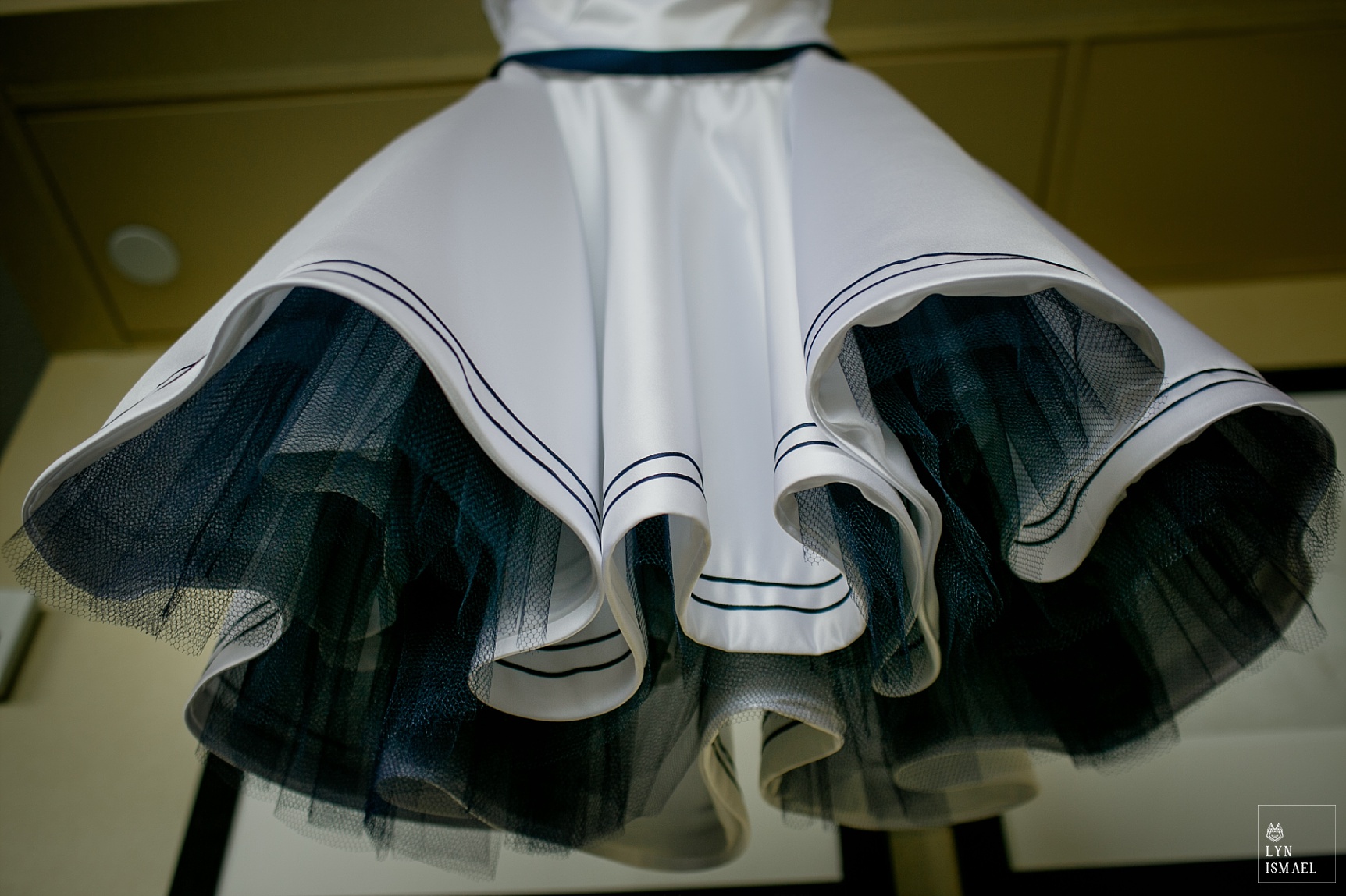 Custom designe'd wedding dress with navy blue crinoline