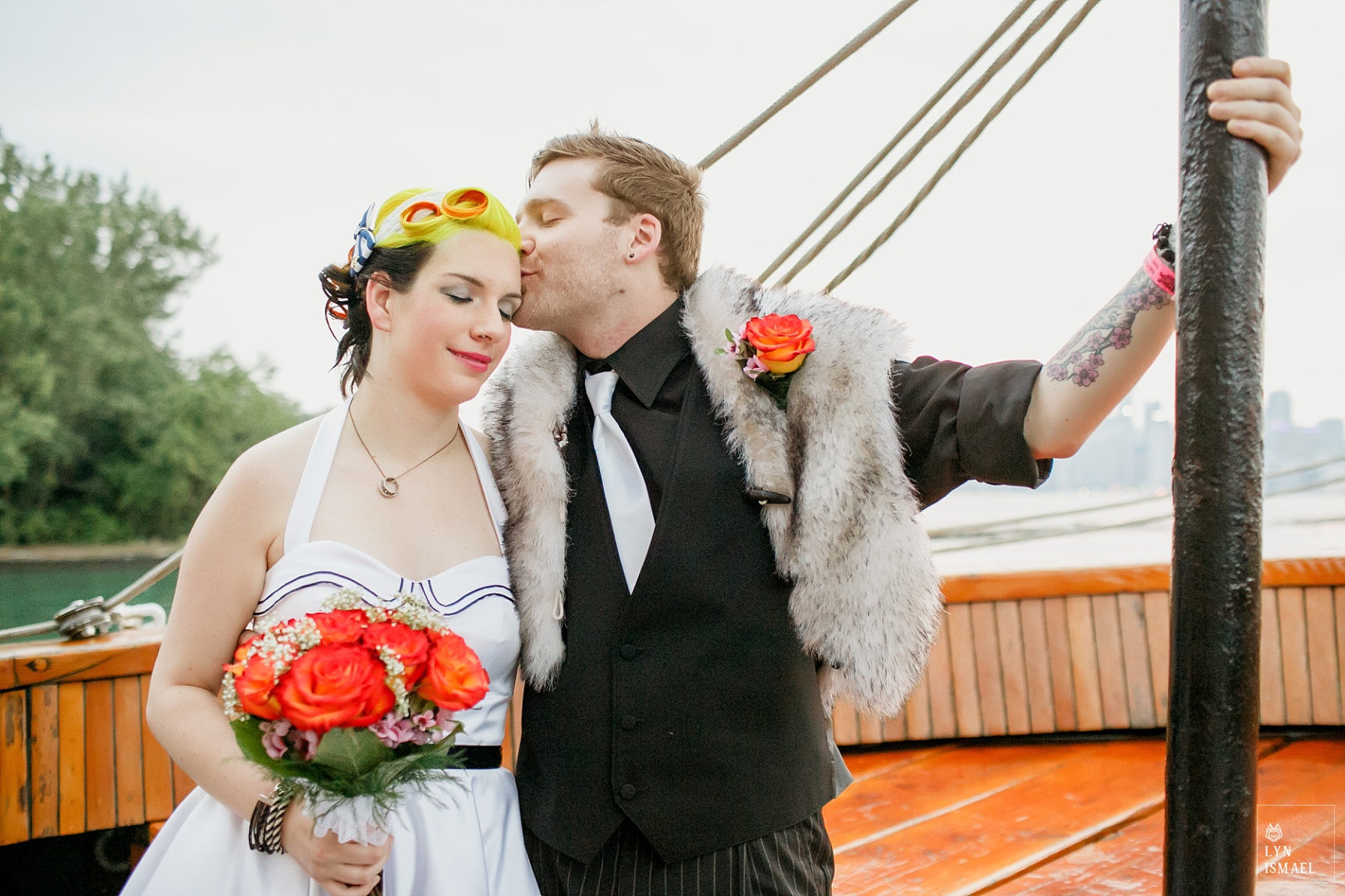 Portrait of the bride and groom on board the Empire Sandy