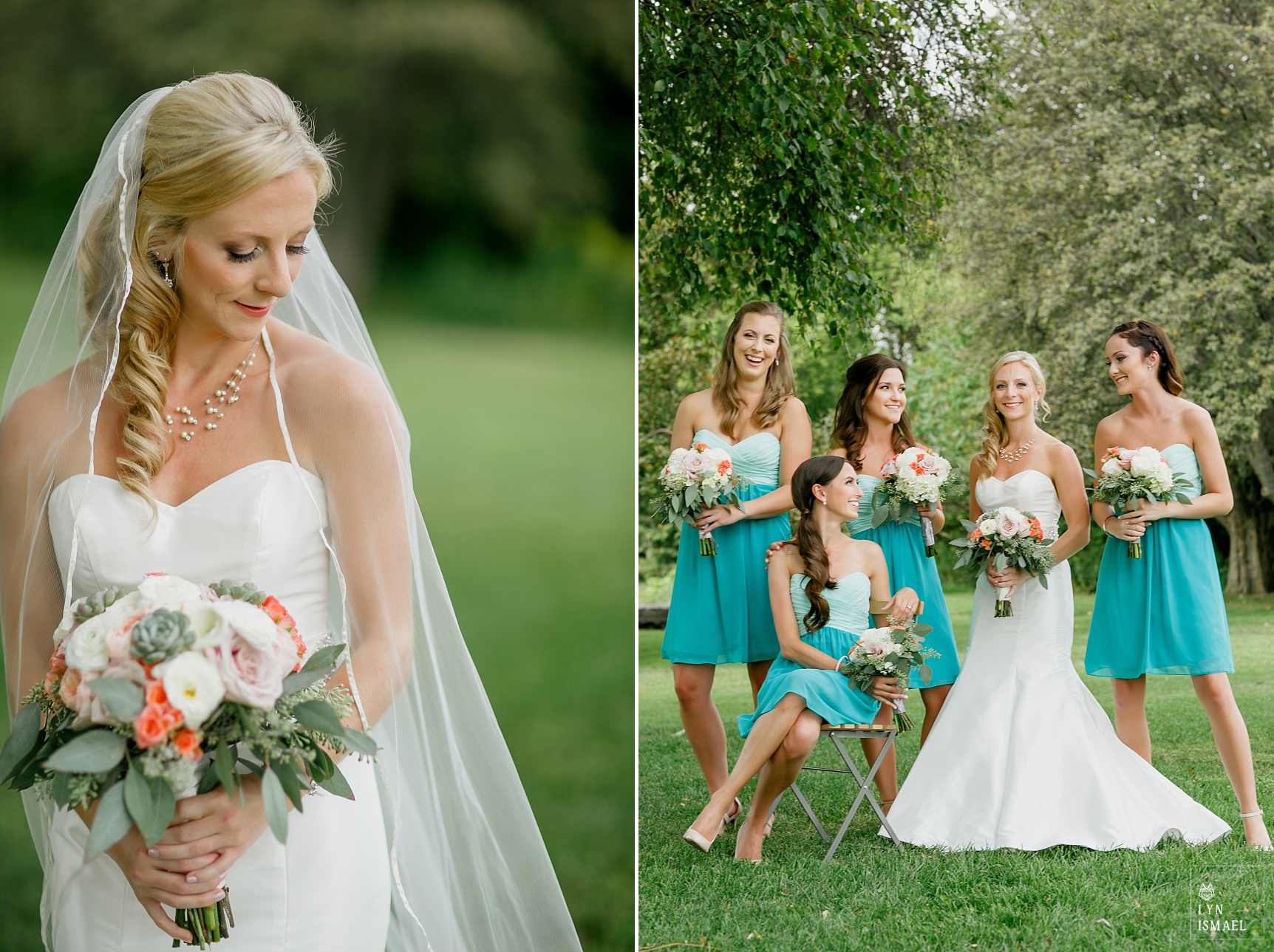Beautiful bride with a long veil with bridesmaids wearing mint and aqua bridesmaid dresses.