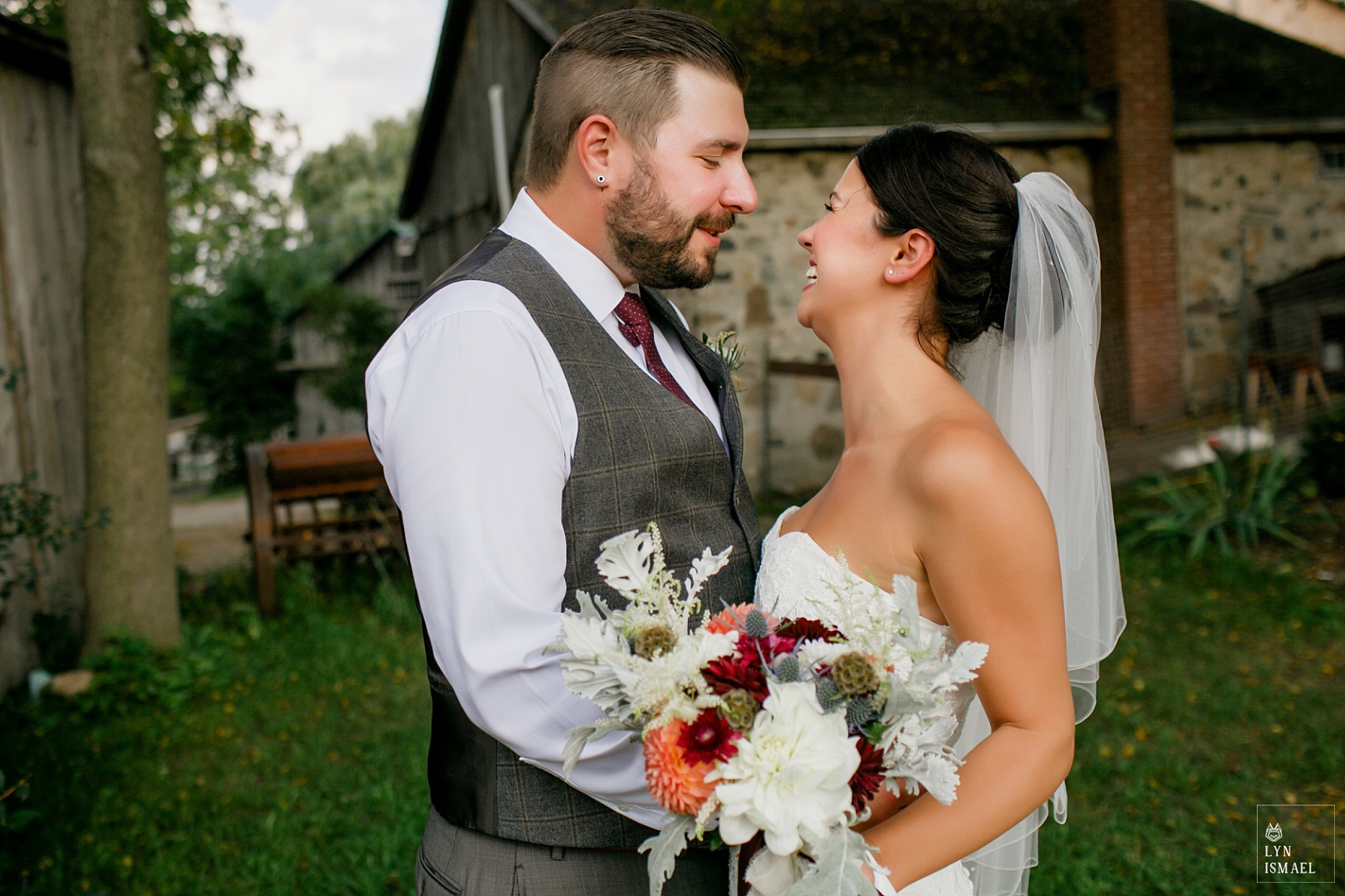 Bride and groom sees each other for their first look at Steckle Heritage Farm