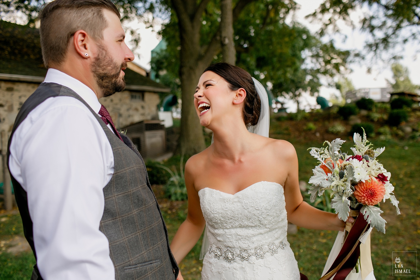 Bride can't hide her happiness at her wedding at Steckle Heritage Farm