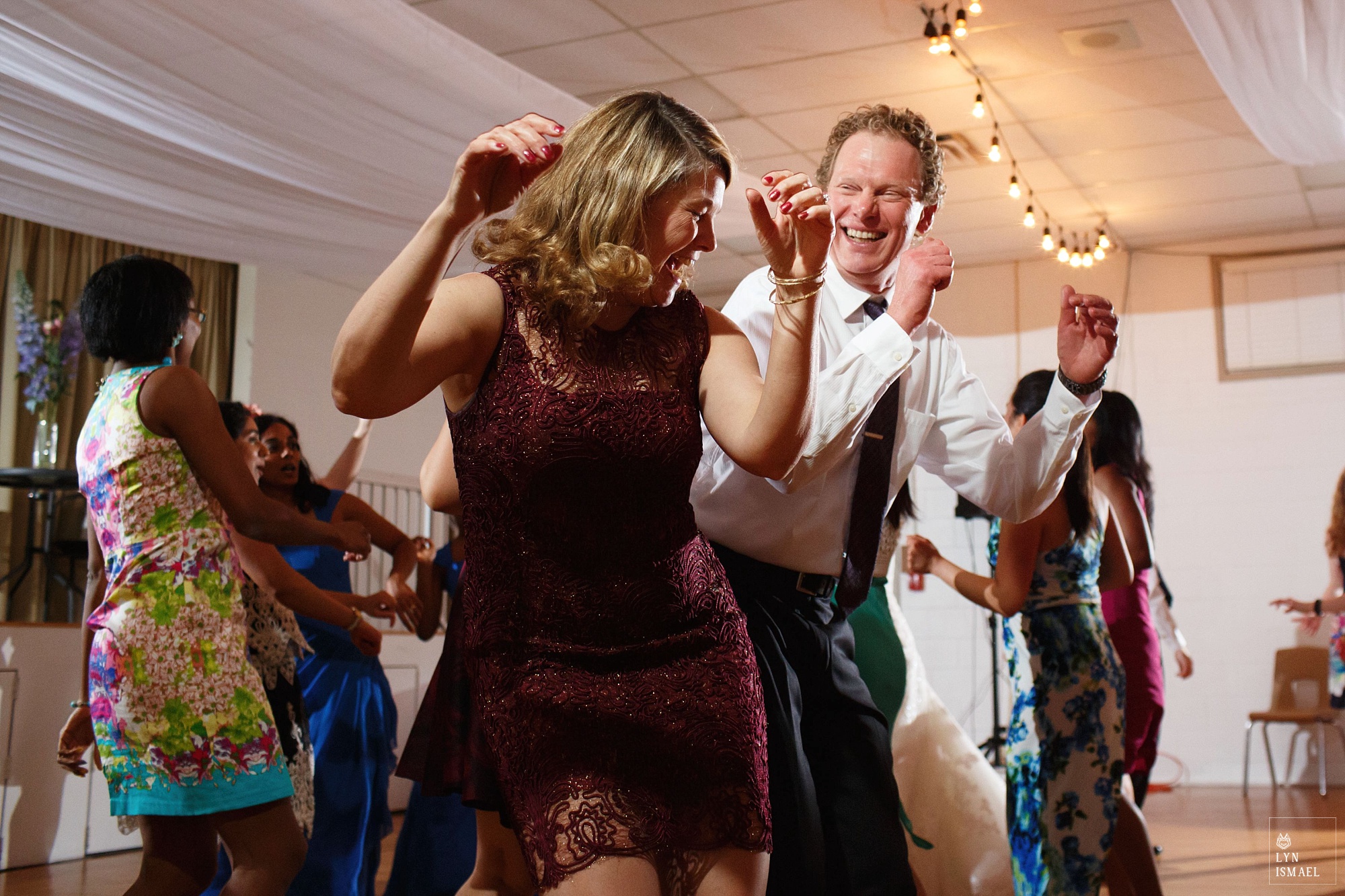 Wedding guests dance at a wedding in Wellesley, Ontario.