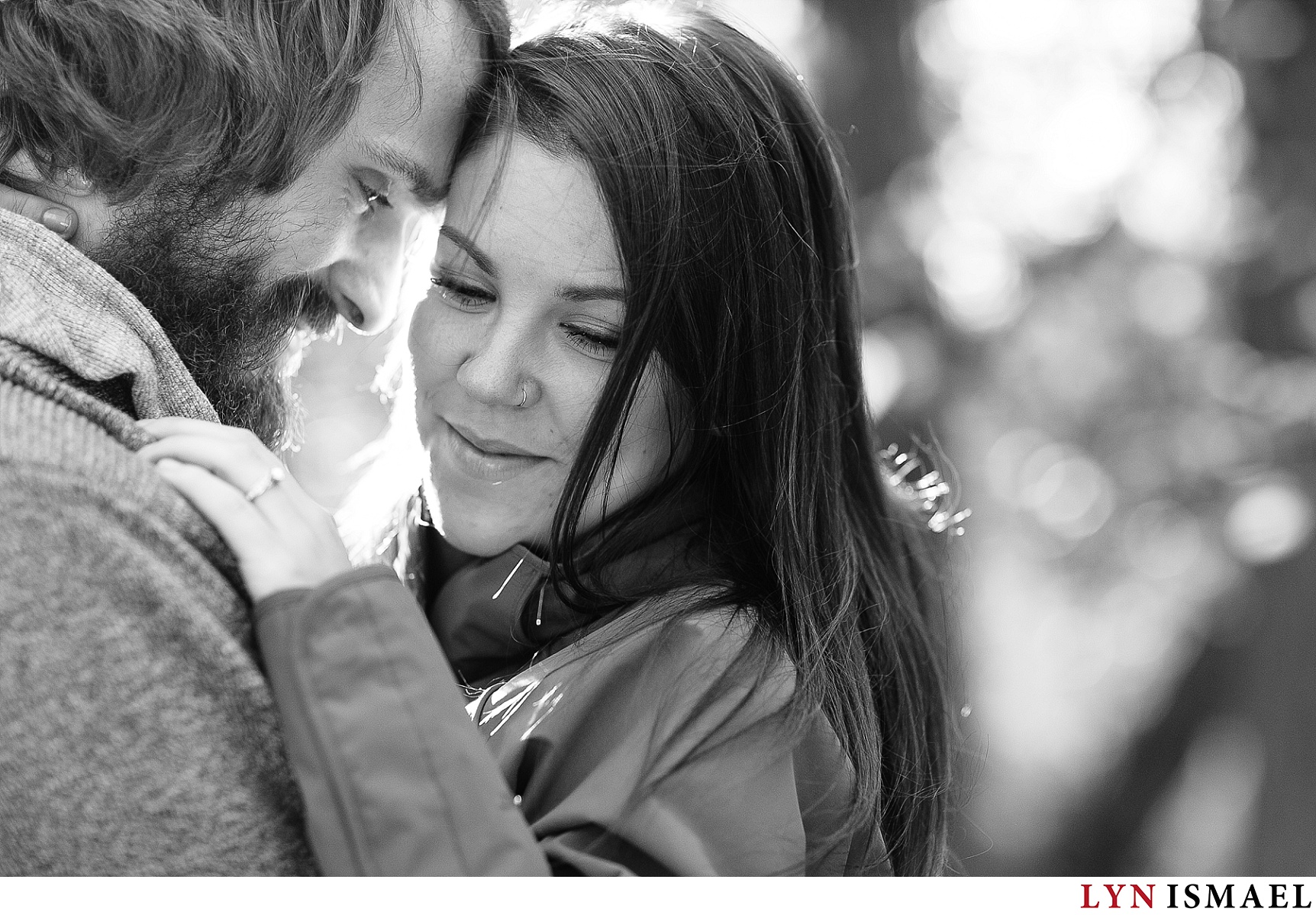 A stunning black and white image at a contemporary fall engagement session in Waterloo