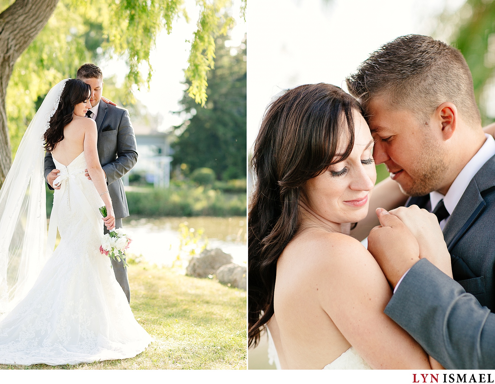 Portraits of the bride and groom under the willow trees in Cranberry Resort