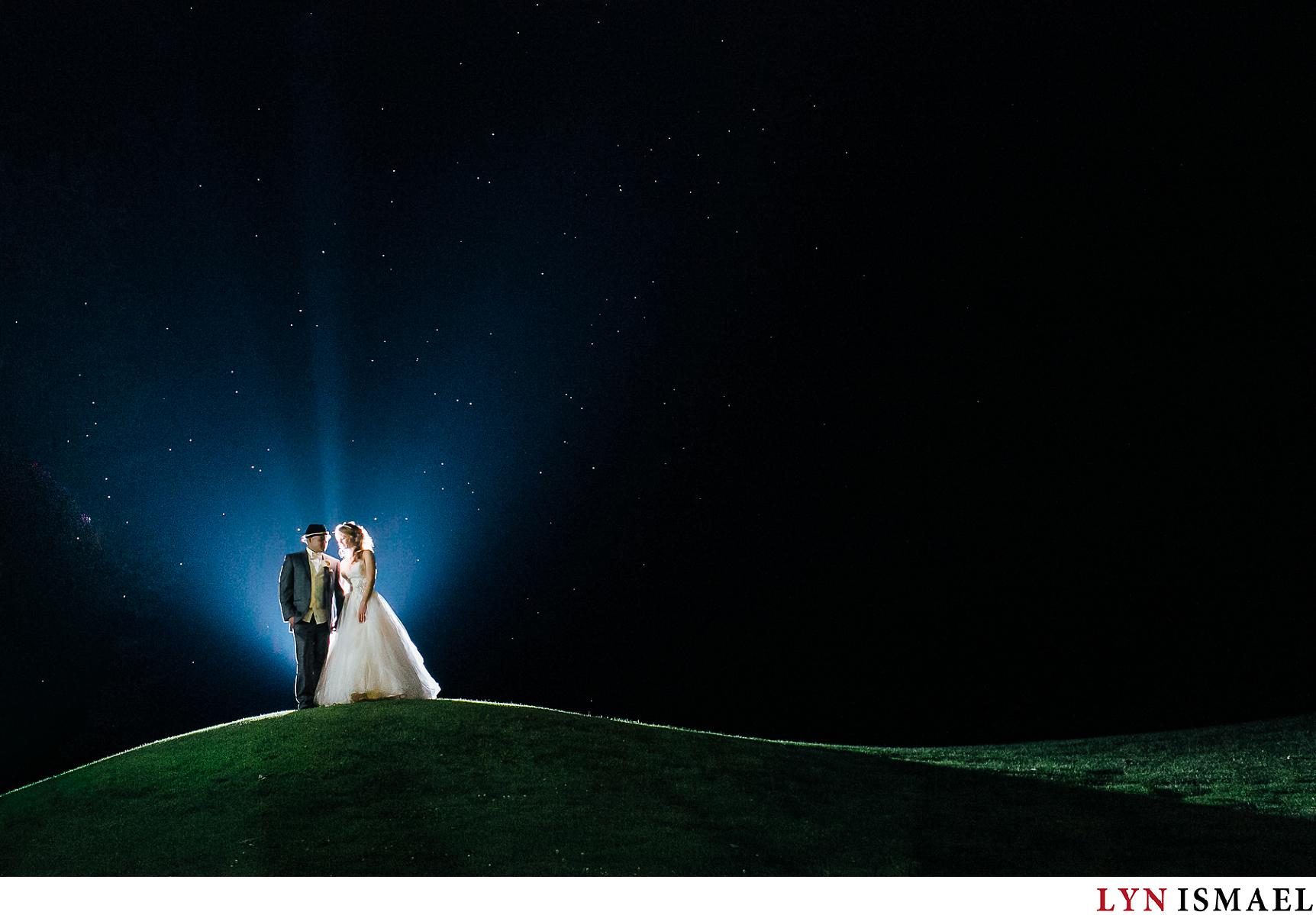 Night portrait of the bride and groom at the Silver Lakes Golf and Country Club