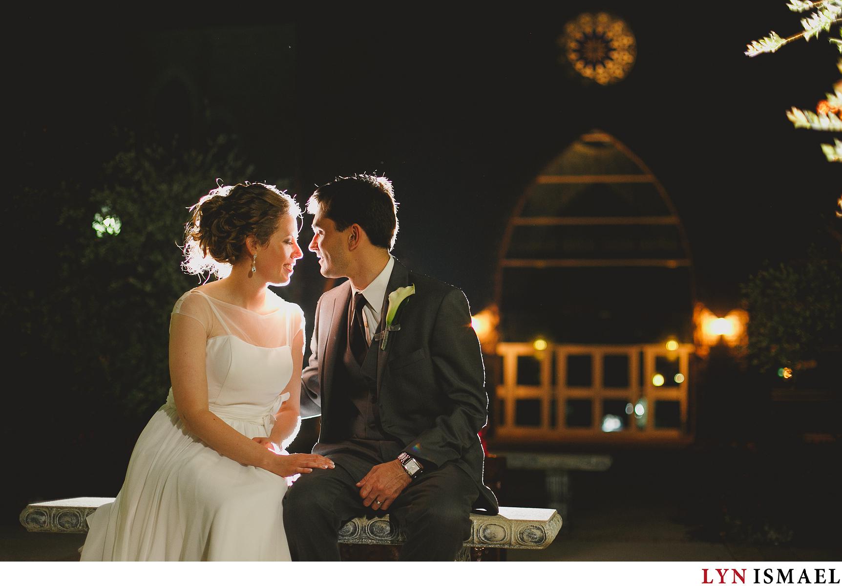 Stoney Creek wedding photographer photographs a night portrait of the bride and groom