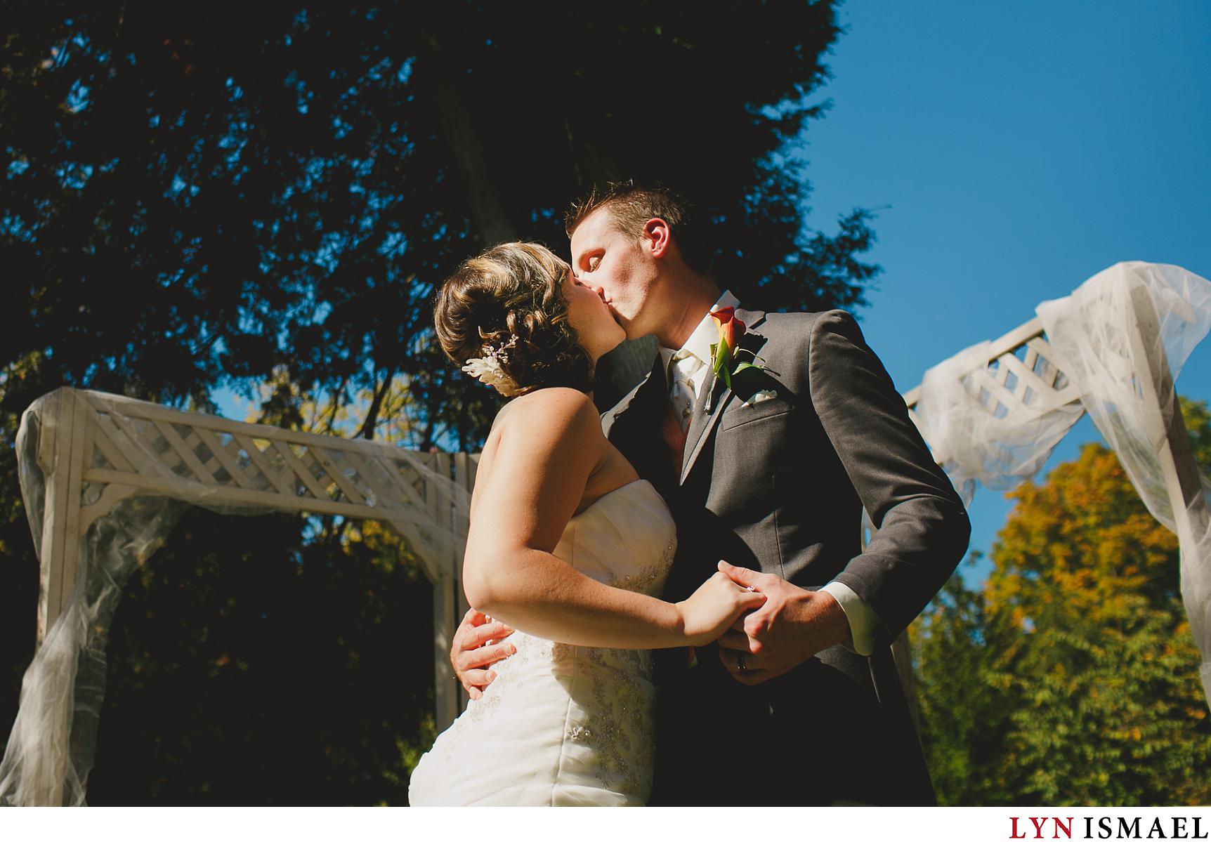 The first kiss photographed by Elora wedding photographer