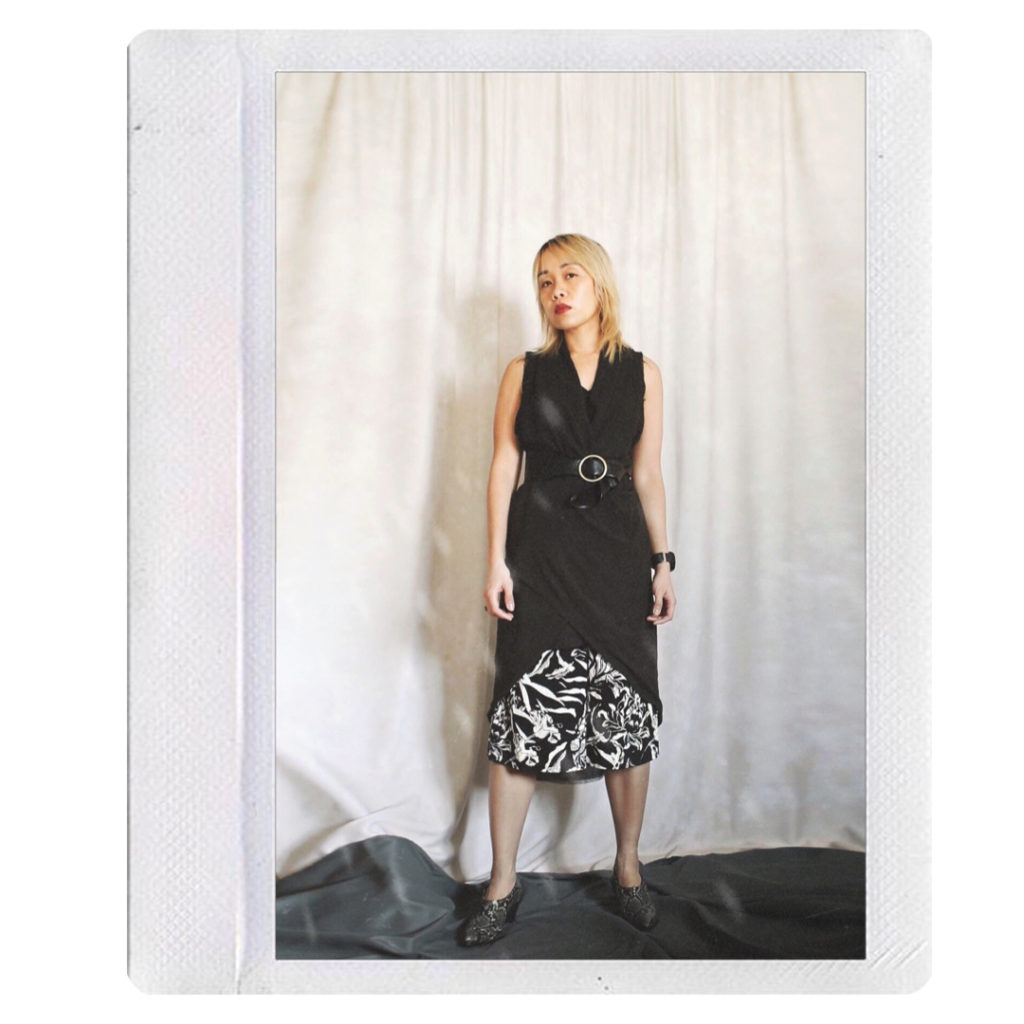 black and white graphic printed skirt with a black dress